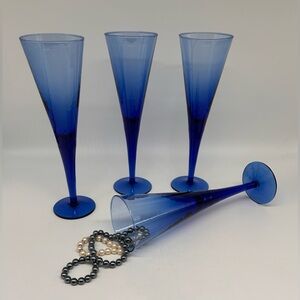 Vintage Hand Blown Cobalt Blue Champagne Flutes, Elegant Stemware - Set of 4
